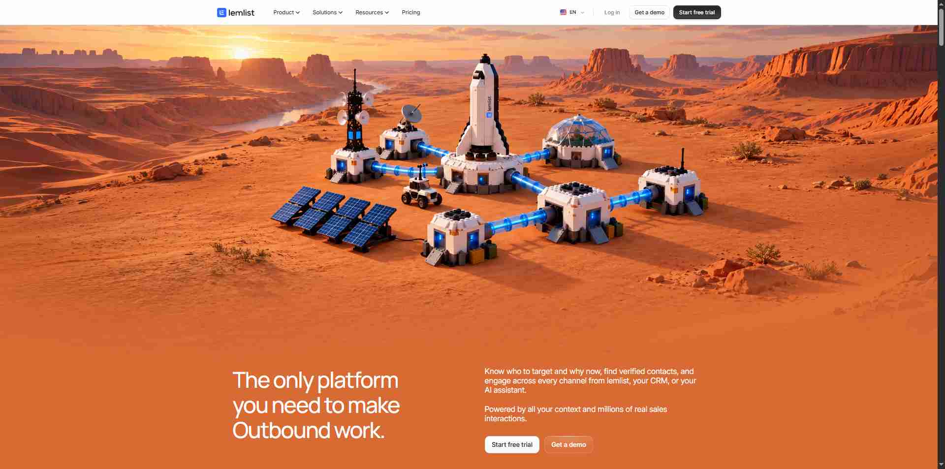 The Lemlist website homepage showing a space-themed Lego set as a metaphor for their sales platform.