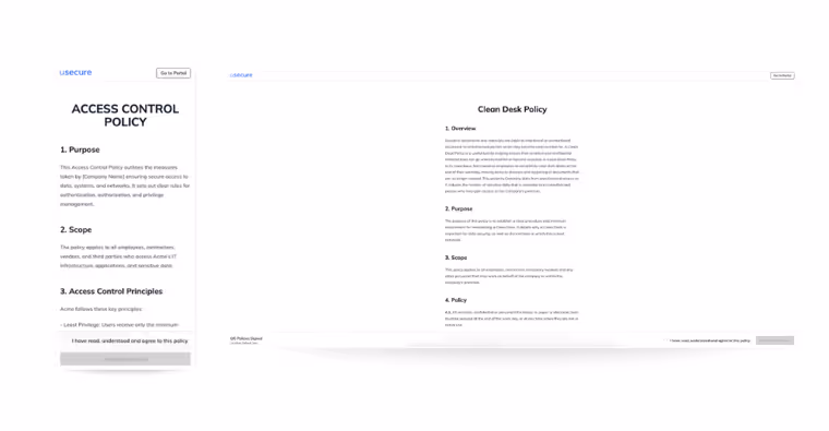 usecure platform displaying employee policy management on mobile and desktop. Examples shown are an Access Control Policy and a Clean Desk Policy, highlighting purpose, scope, principles, and user acknowledgment with digital sign-off.
