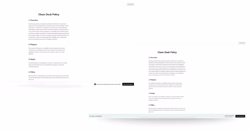usecure policy management interface showing a Clean Desk Policy. The platform includes sections for overview, purpose, scope, and policy, with employee sign-off via checkbox and digital certificate.