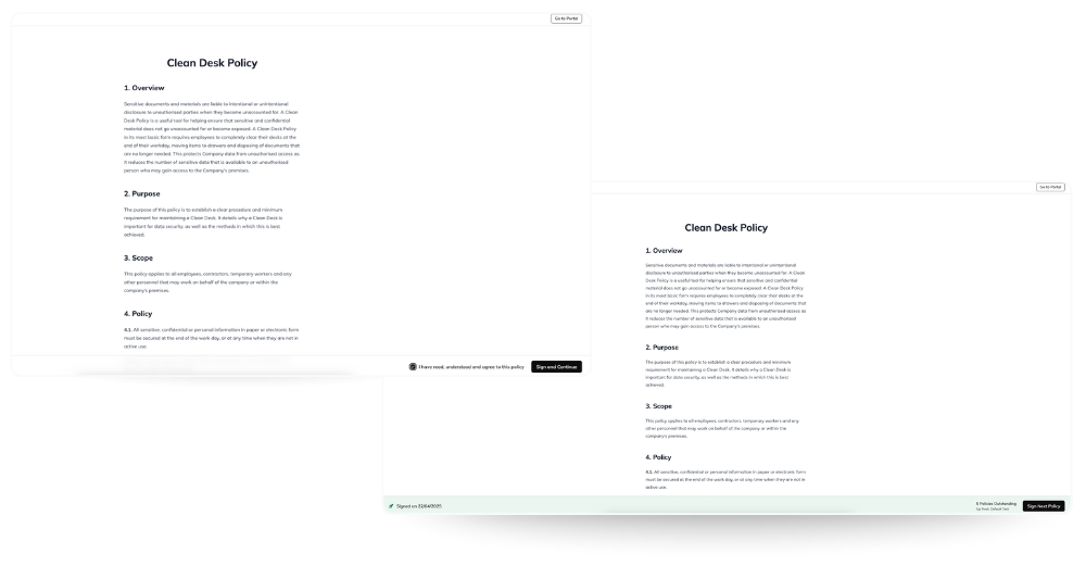 usecure policy management interface showing a Clean Desk Policy. The platform includes sections for overview, purpose, scope, and policy, with employee sign-off via checkbox and digital certificate.