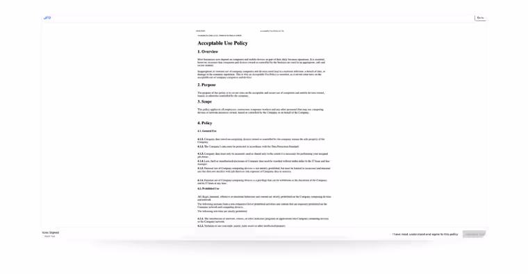 usecure digital policy management interface showing an Acceptable Use Policy. The policy covers overview, purpose, scope, and detailed guidelines for company device usage, with employee e-signature acknowledgment.