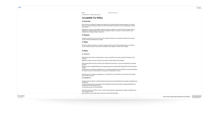 usecure digital policy management interface showing an Acceptable Use Policy. The policy covers overview, purpose, scope, and detailed guidelines for company device usage, with employee e-signature acknowledgment.