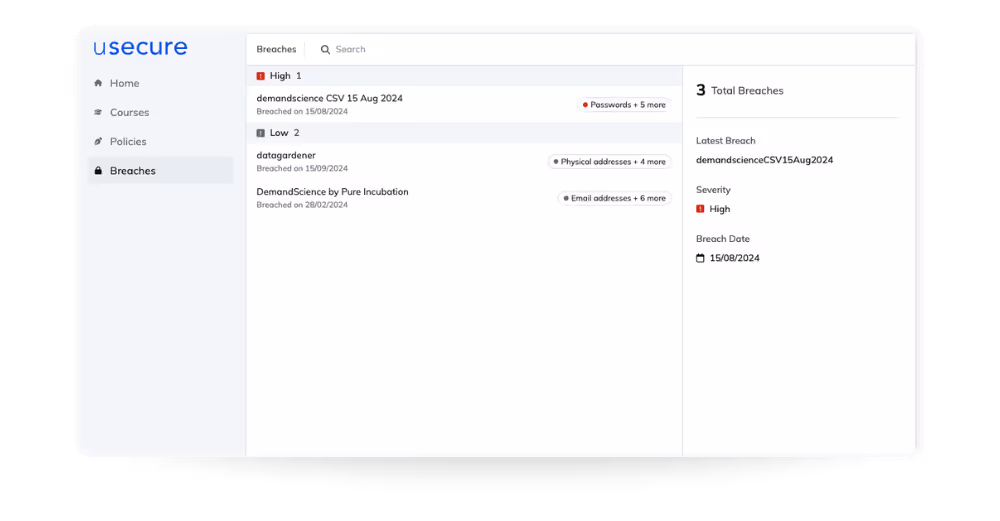 End User Portal breach visibility tab, showing alerts when a user’s email address is found in a data breach.