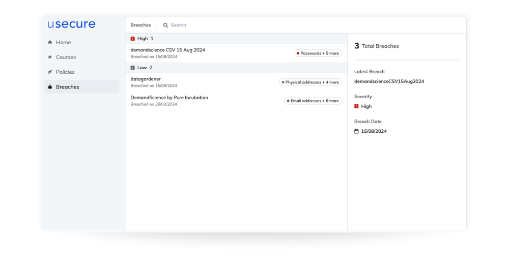 End User Portal breach visibility tab, showing alerts when a user’s email address is found in a data breach.