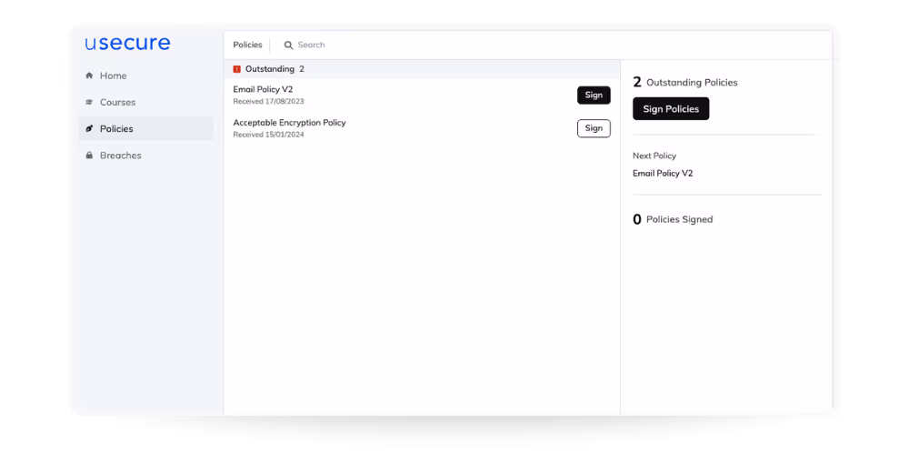 End User Portal policies view, separating outstanding policies from those already signed.