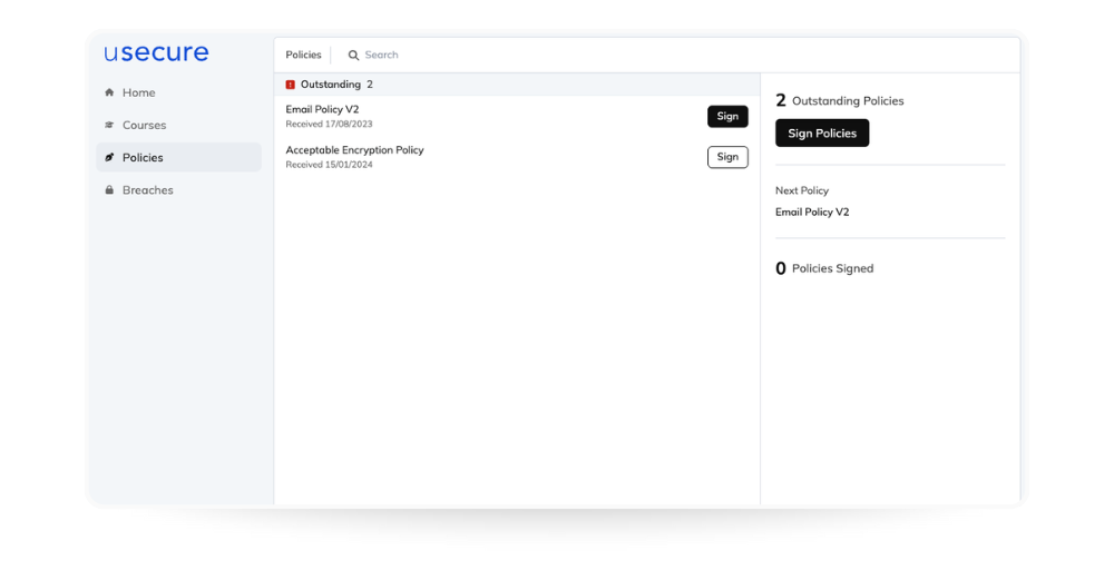End User Portal policies view, separating outstanding policies from those already signed.