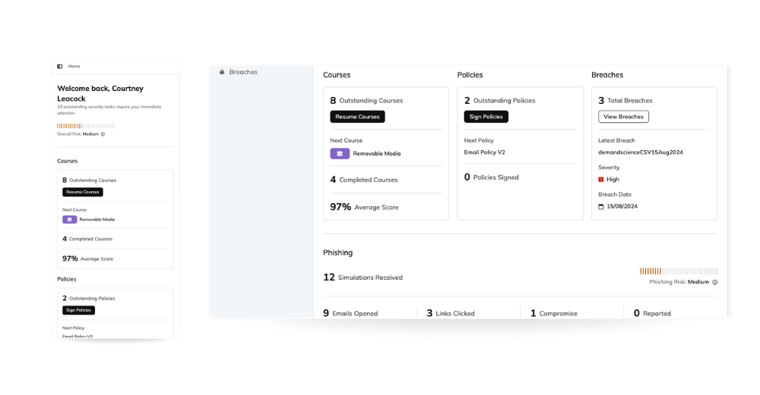 End User Portal dashboard displaying user progress, personal risk level, and task summary.