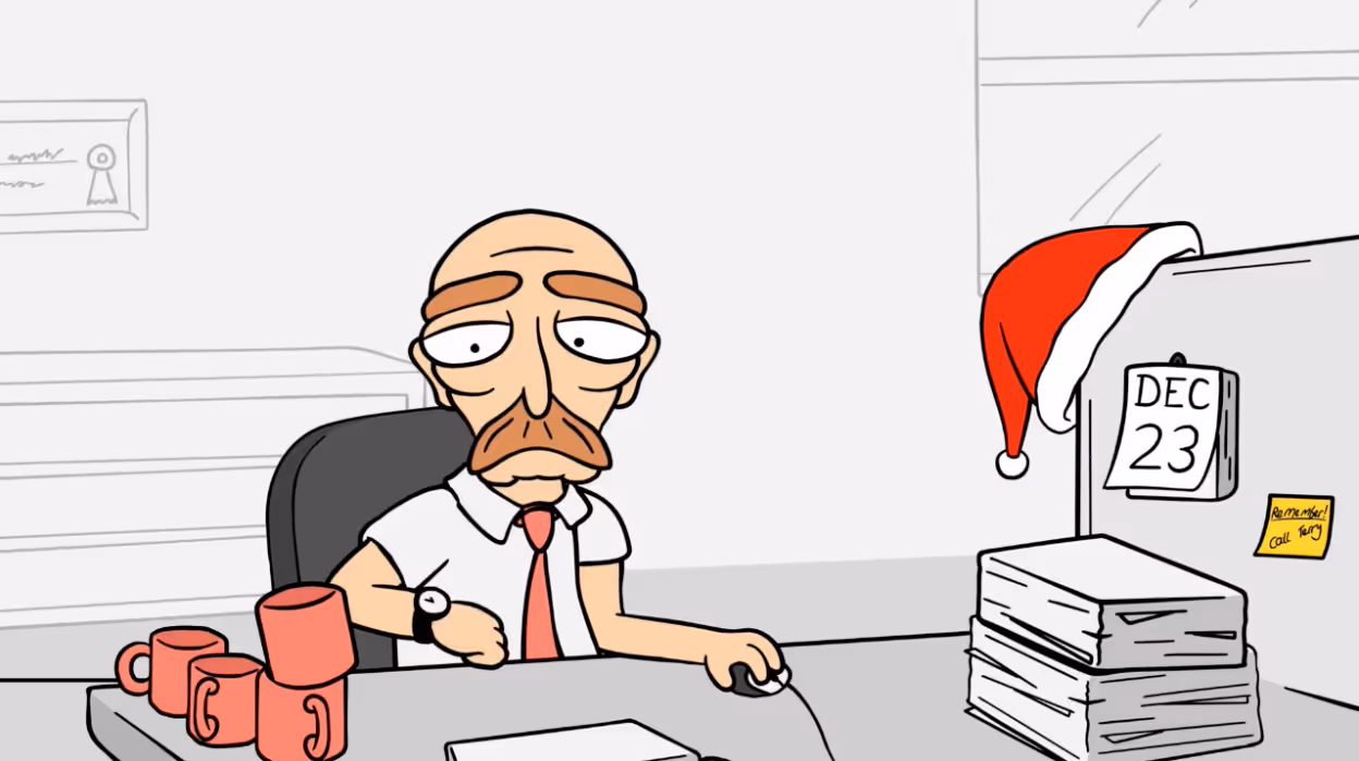 User in security awareness training video waiting for Christmas to begin.