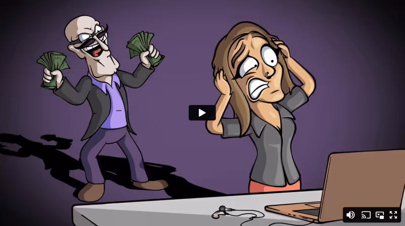 Shocked employee standing in front of laptop, with cyber criminal holding stacks of cash behind them