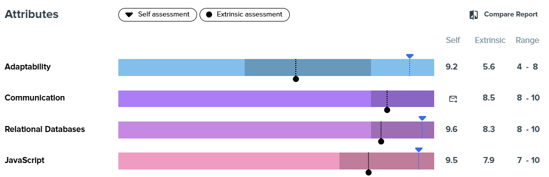 Employee skill comparison chart showing self and extrinsic assessments for adaptability, communication, relational databases, and JavaScript.