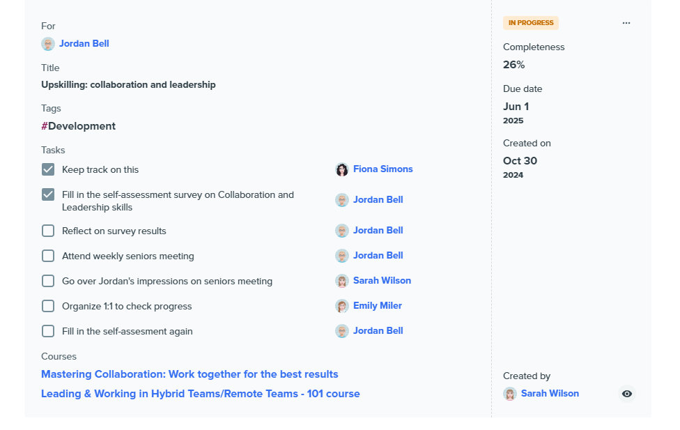 Kadar action plan showing Jordan Bell’s upskilling goals and task progress.