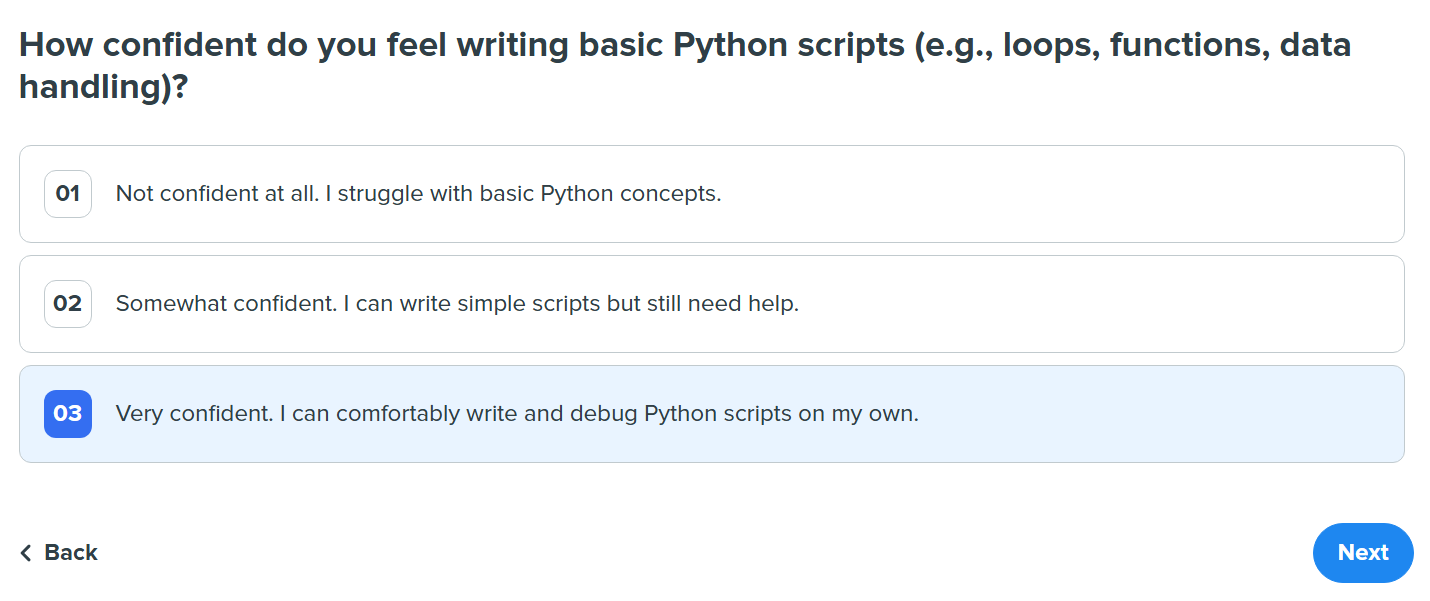 Employee self-assessment question on Python proficiency.