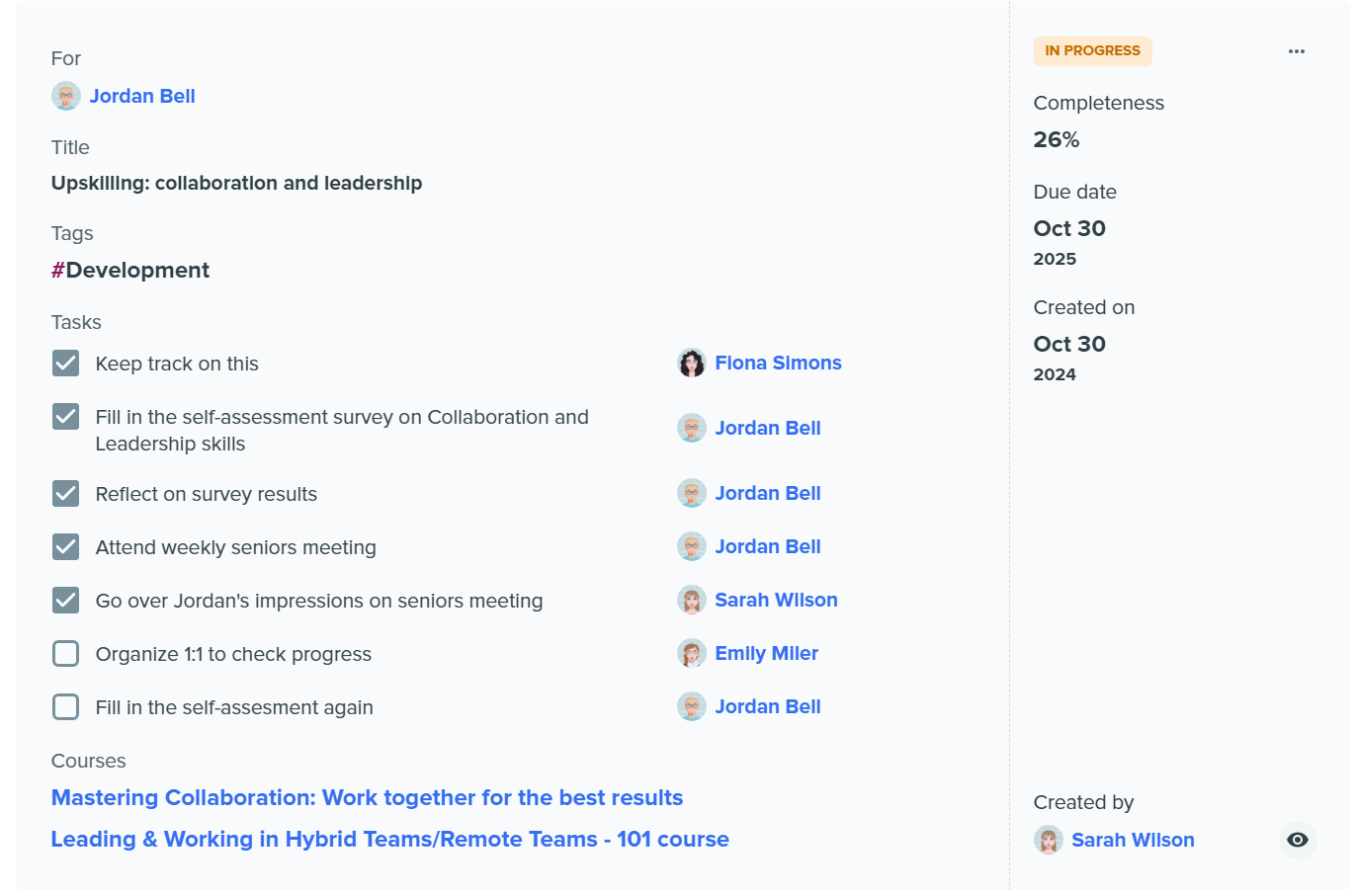 Employee development plan in Kadar with assigned tasks and progress tracking.