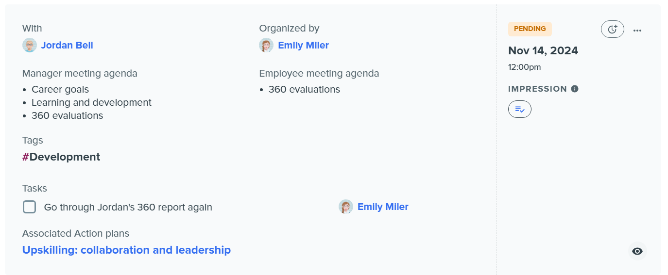 Kadar 1:1 meeting overview displaying agenda items, tasks, and scheduled date.