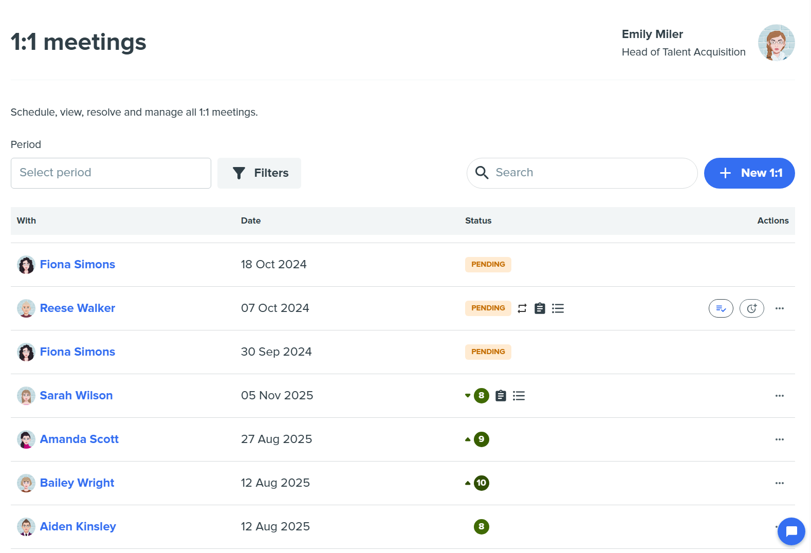 Kadar 1:1 management screen displaying meeting dates, statuses, and actions.