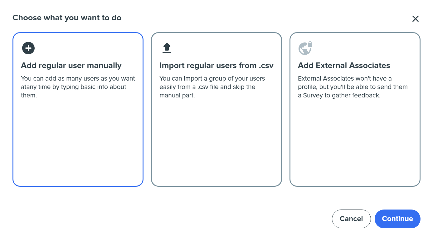 Kadar user onboarding screen showing options to add users manually, import from CSV, or add external associates.