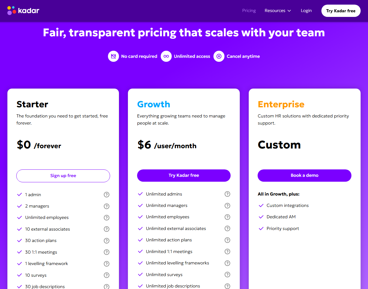 Kadar pricing plans for performance review software, showing Starter, Growth, and Enterprise tiers with features and free signup options.
