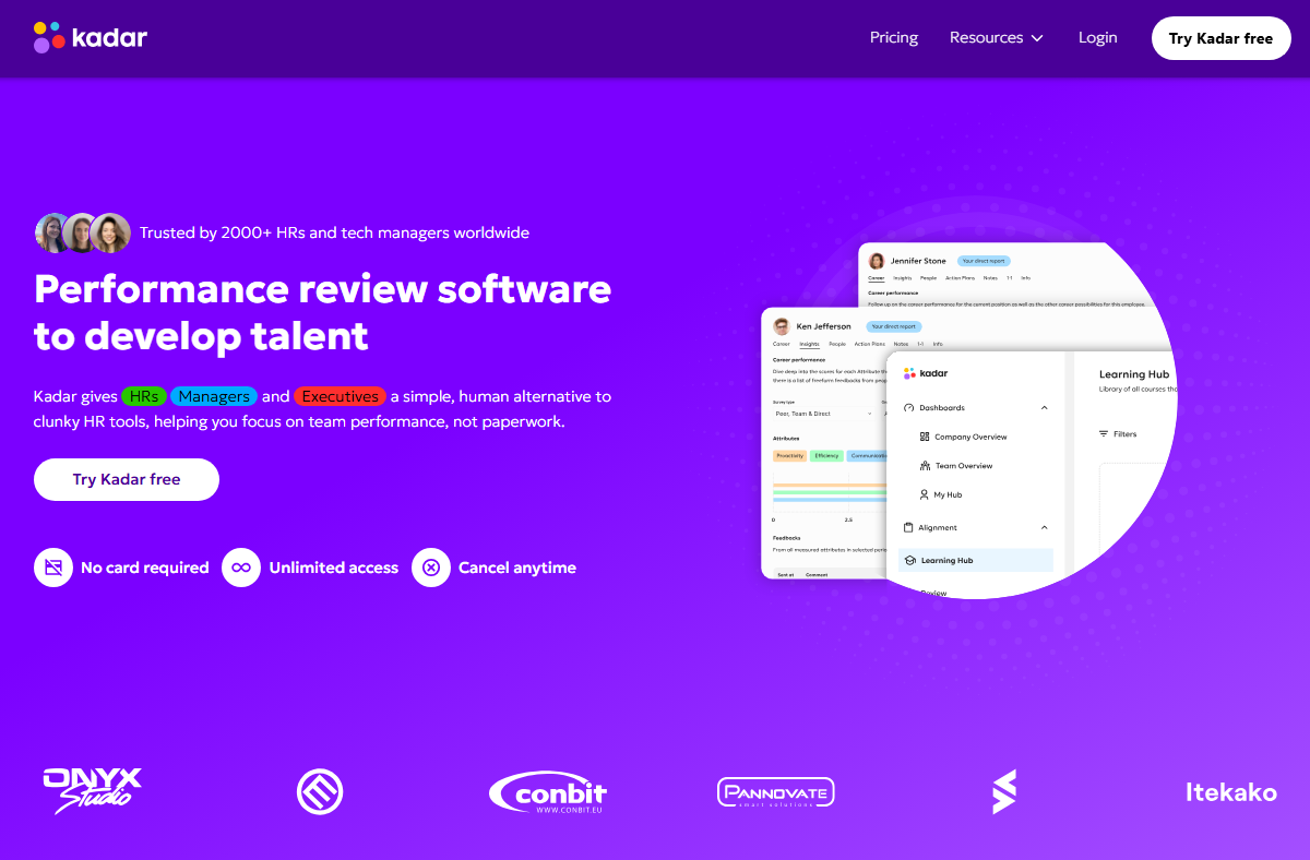 Performance review software homepage for Kadar, showing features that help HRs and managers develop talent more efficiently with a modern, people-focused interface.