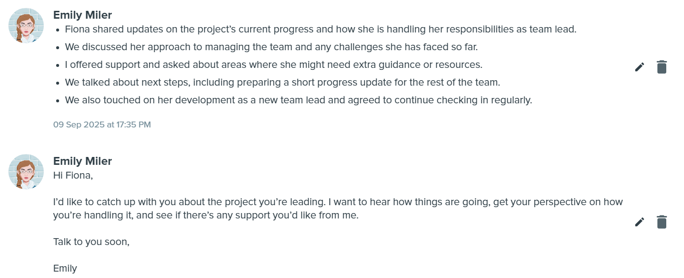 Screenshot showing manager Emily Miler’s written 1:1 meeting notes and a follow-up message to employee Fiona on Kadar, a performance management platform.
