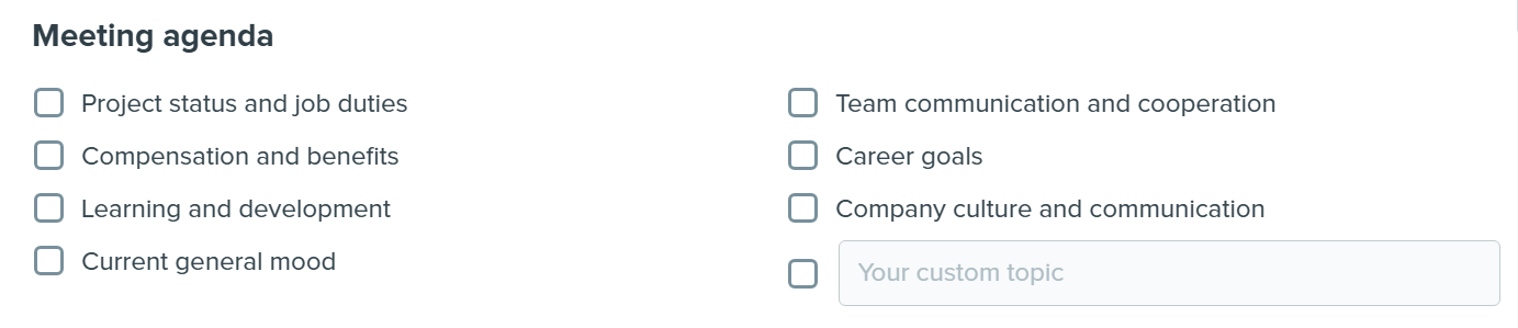 1:1 meeting agenda options in Kadar covering career goals, learning and development, feedback, and team communication.