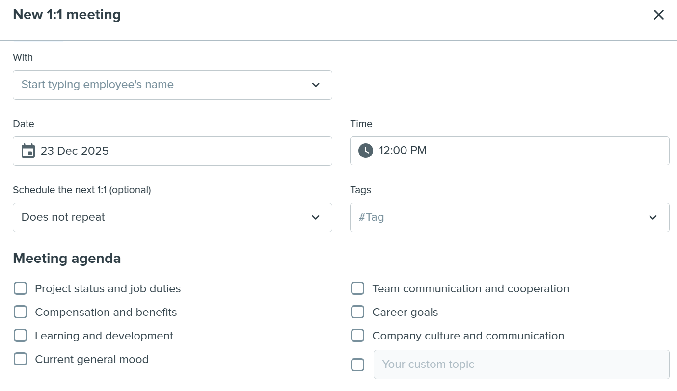 Creating a new 1:1 meeting in Kadar with scheduling and agenda topics.