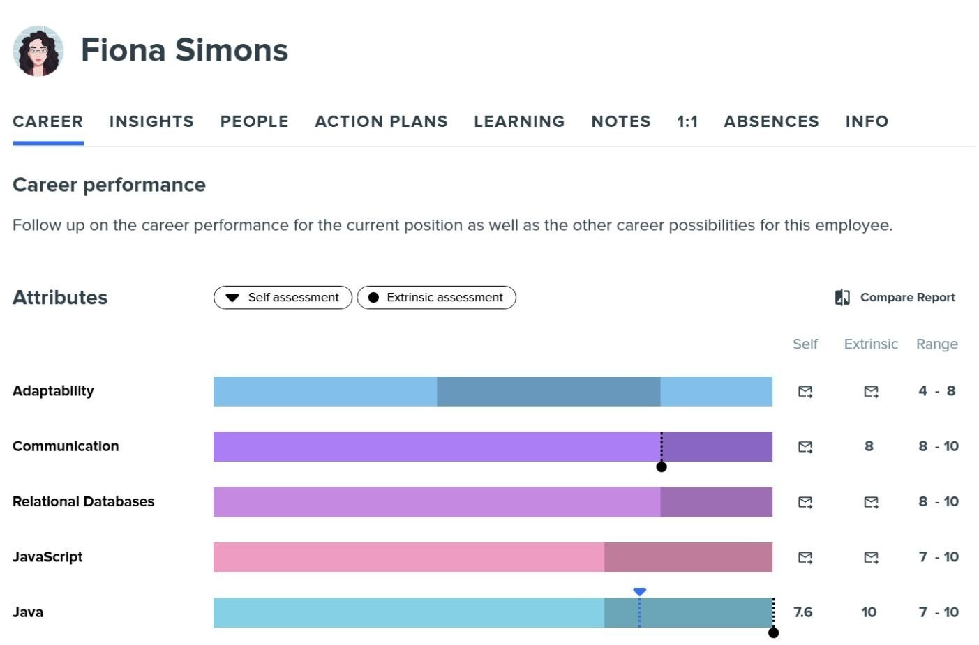 Career performance view showing self-assessment and external assessment scores across multiple skills for an employee.