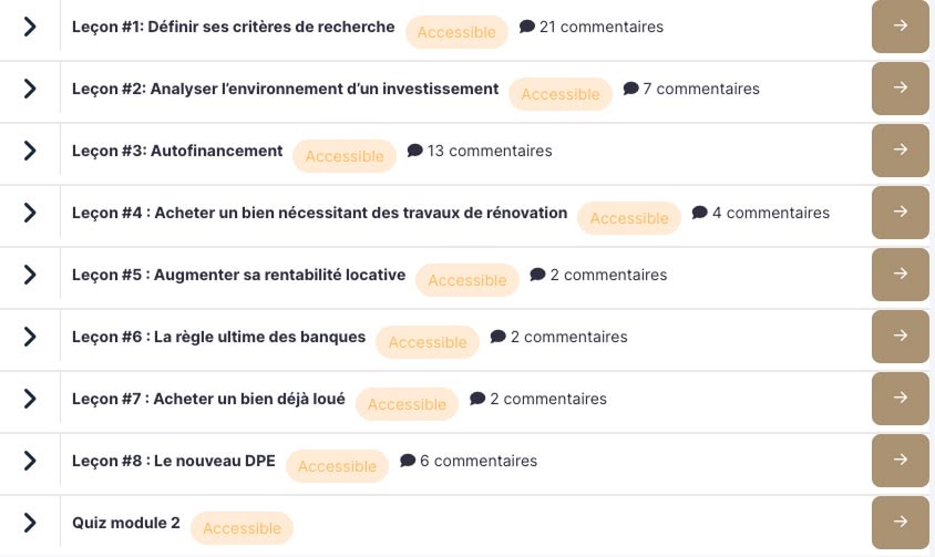 Sommaire du Module 2 de la formation Immo Academy de Rémi Roche : étude de marché, autofinancement et rentabilité immobilière.