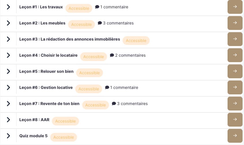 Sommaire du Module 5 de la formation Immo Academy de Rémi Roche : travaux, location, gestion locative et revente.
