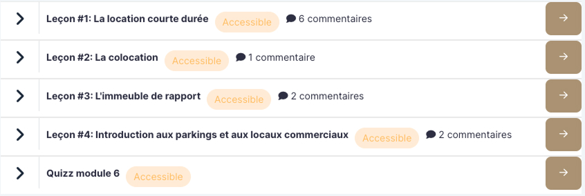 Sommaire du Module 6 de la formation Immo Academy de Rémi Roche : location courte durée, colocation et immeuble de rapport.