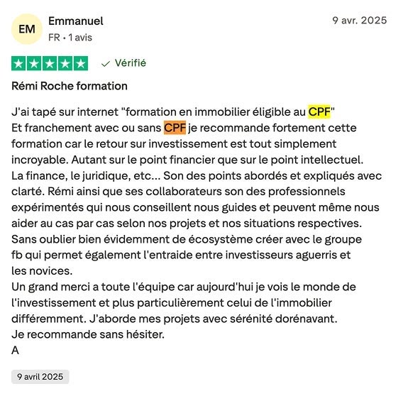 Évaluation positive de la formation Immo Academy de Rémi Roche grâce au CPF