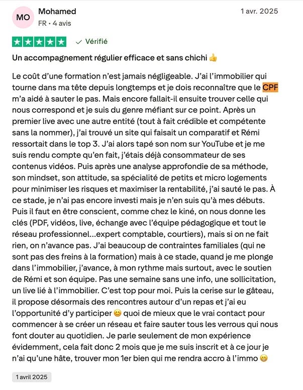 Avis d’un élève ayant financé la formation Immo Academy de Rémi Roche avec le CPF