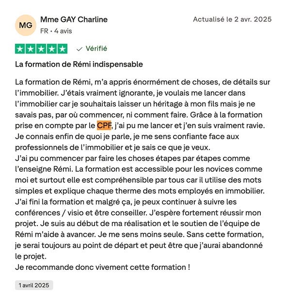 Témoignage vérifié sur l’utilisation du CPF pour la formation immobilière Immo Academy