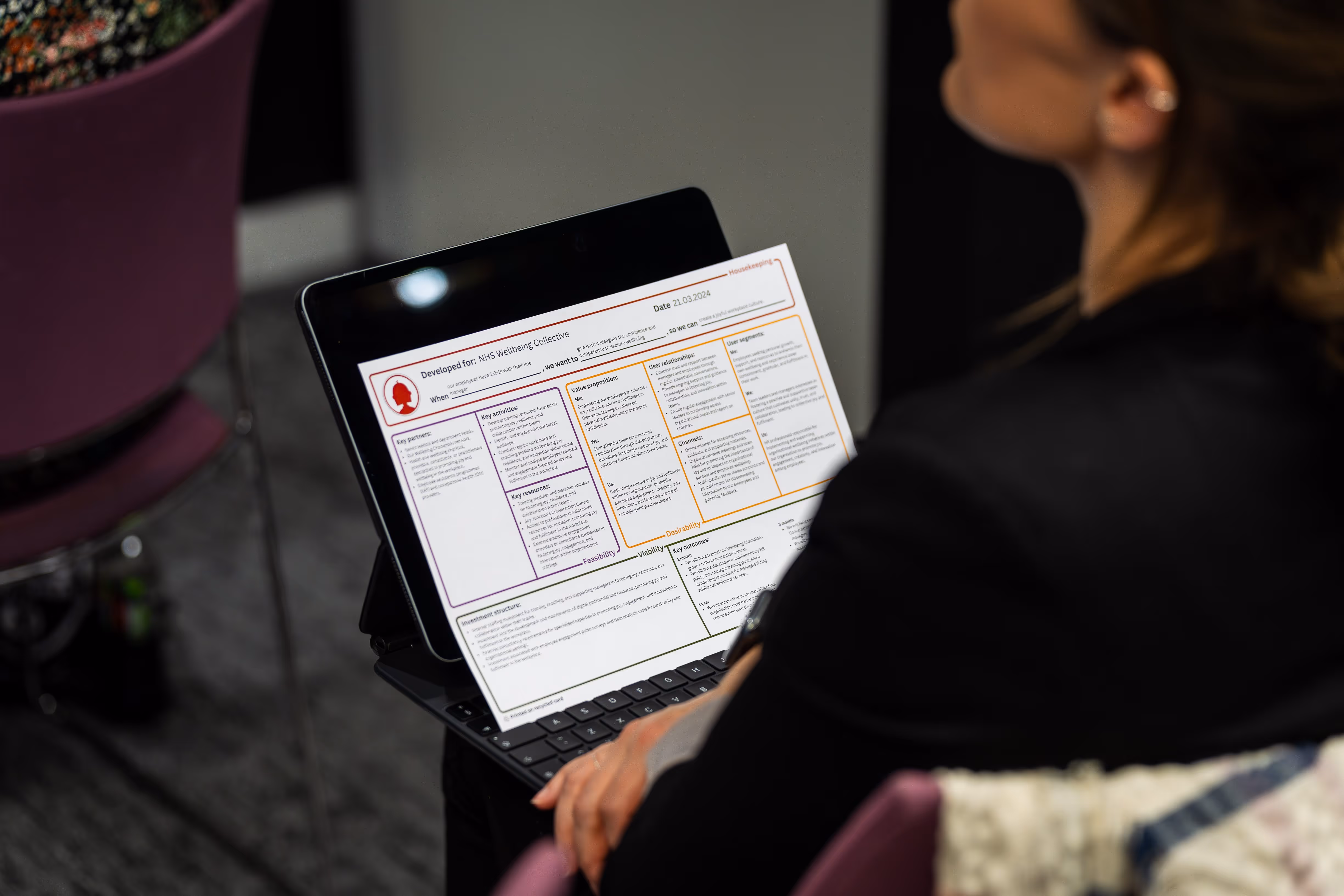 A workshop attendee holding a tool that Gary shared during a conference presentation.