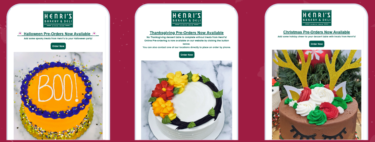 Three screenshots from Henri's Bakery & Deli, each with a cake themed for Halloween, Thanksgiving, and Christmas.