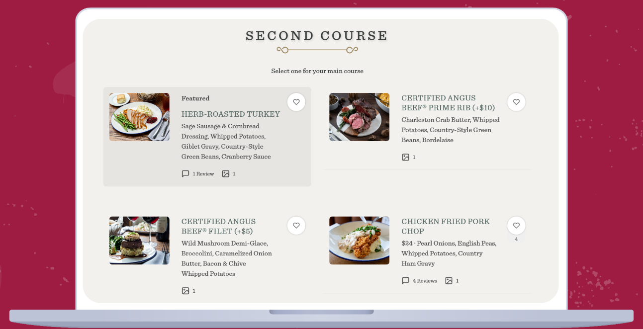 A screenshot of a restaurant's irresistible holiday menu, including herb-roasted turkey.
