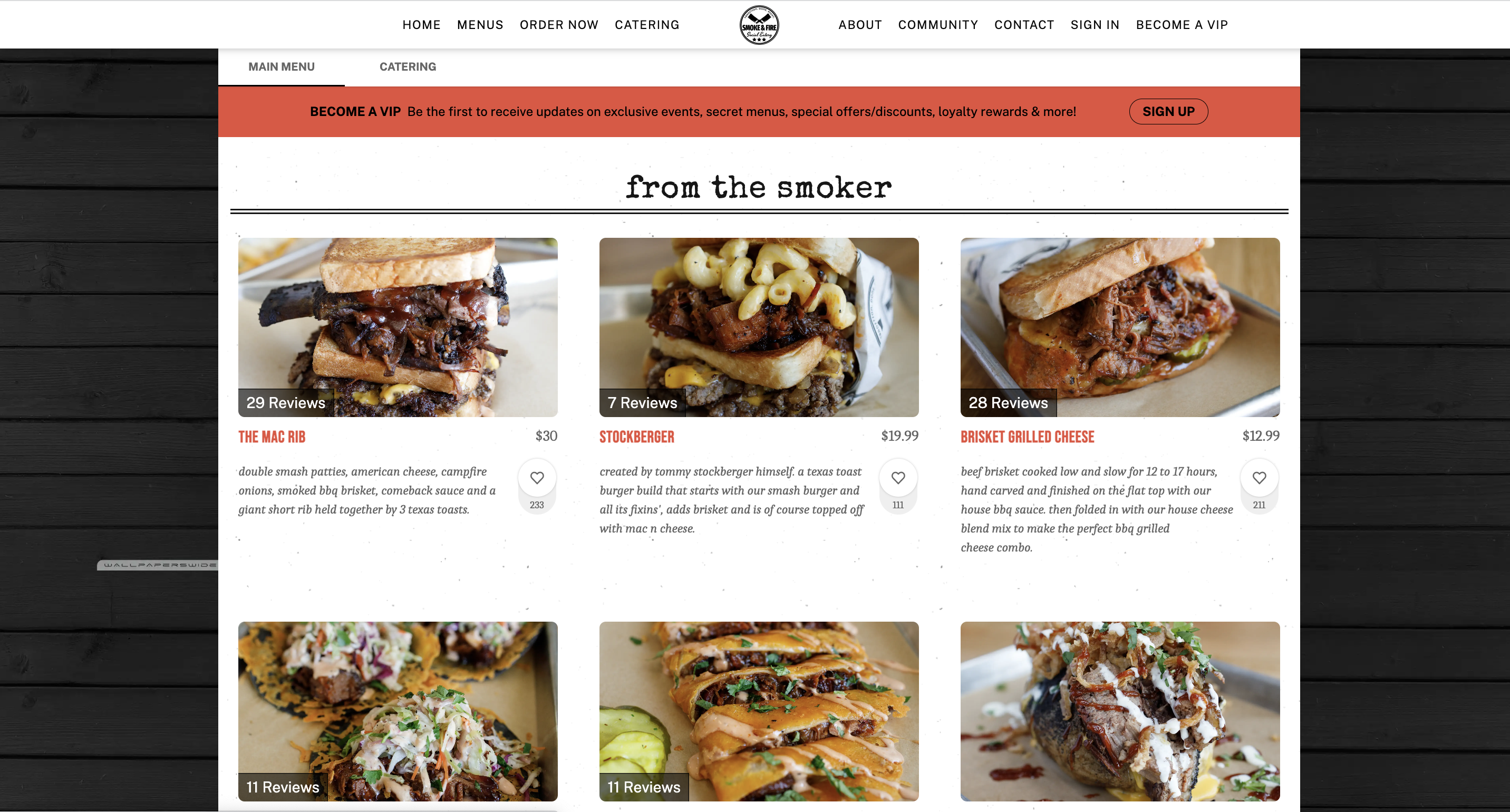 An online menu from Popmenu client Smoke & Fire BBQ showcasing three large sandwiches with smoked meat.