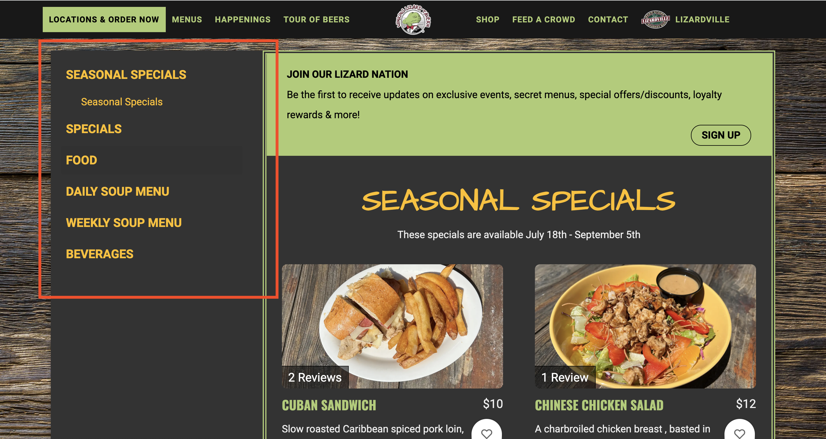Menu webpage for Popmenu client Winking Lizard with a red box highlighting the different menu categories like Specials, Food, Soup, etc.