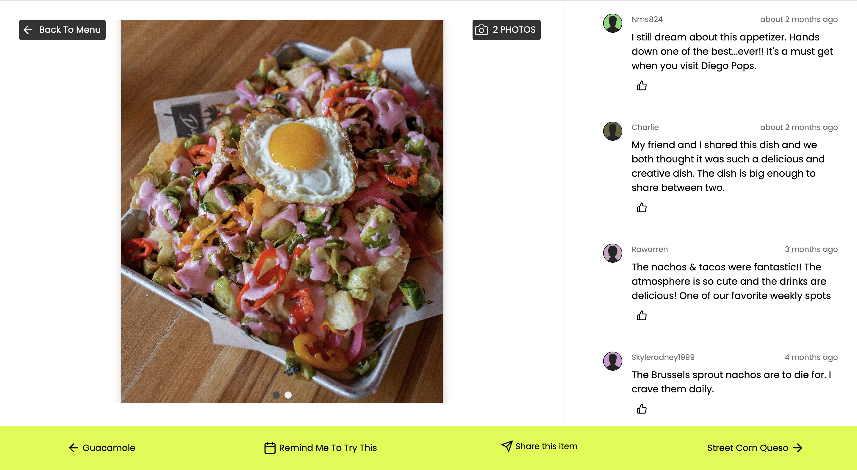 Dish card with an image of Brussel Sprout Nachos and four guest reviews talking positively about the dish 