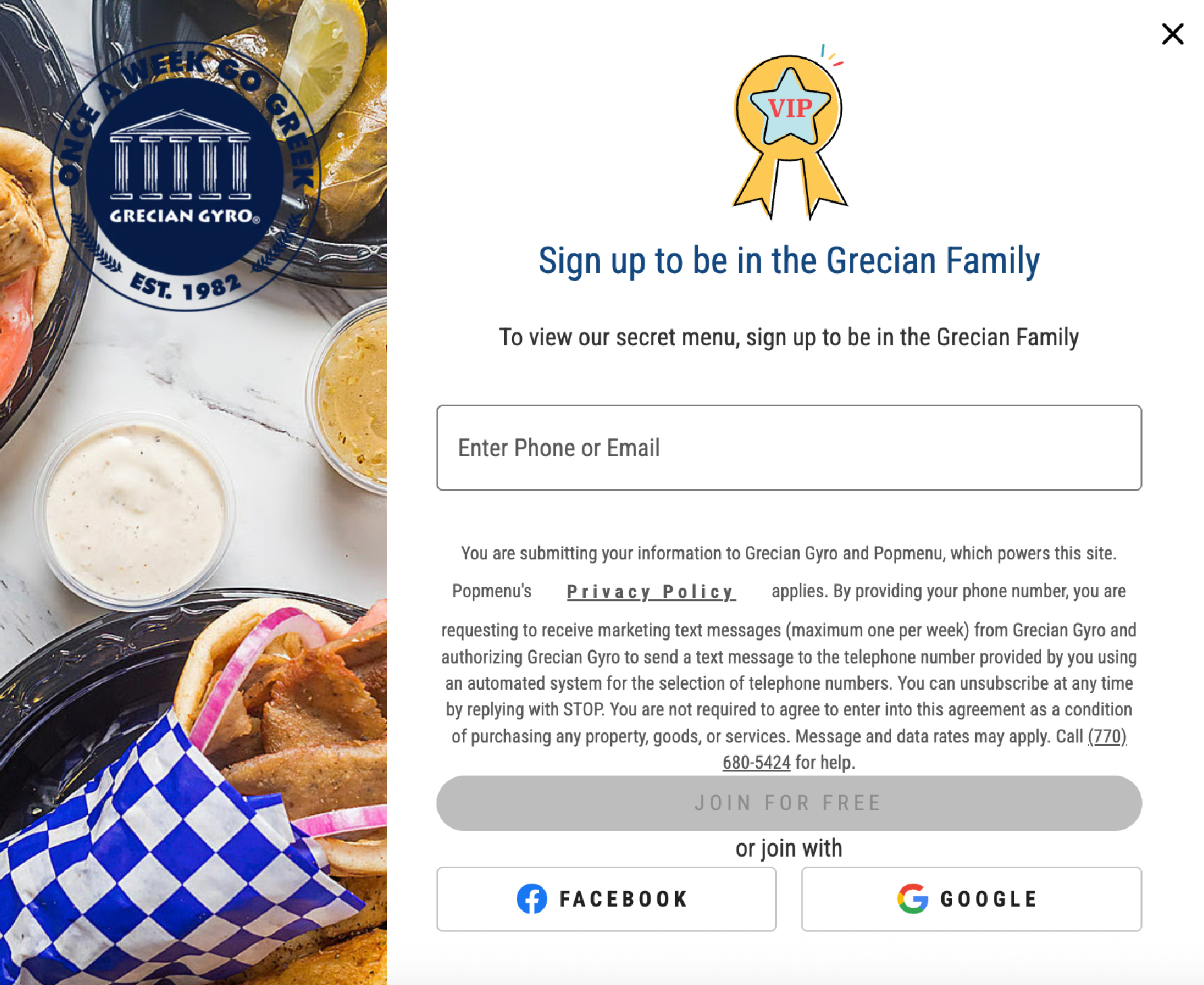 Screenshot of Grecian Gyro's "sign up to be in the Grecian Family" email pop-up