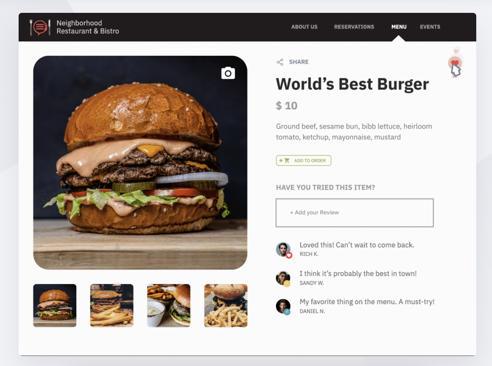 A responsive, dynamic menu features 'World's Best Burger' for $10 and features reviews from other diners.