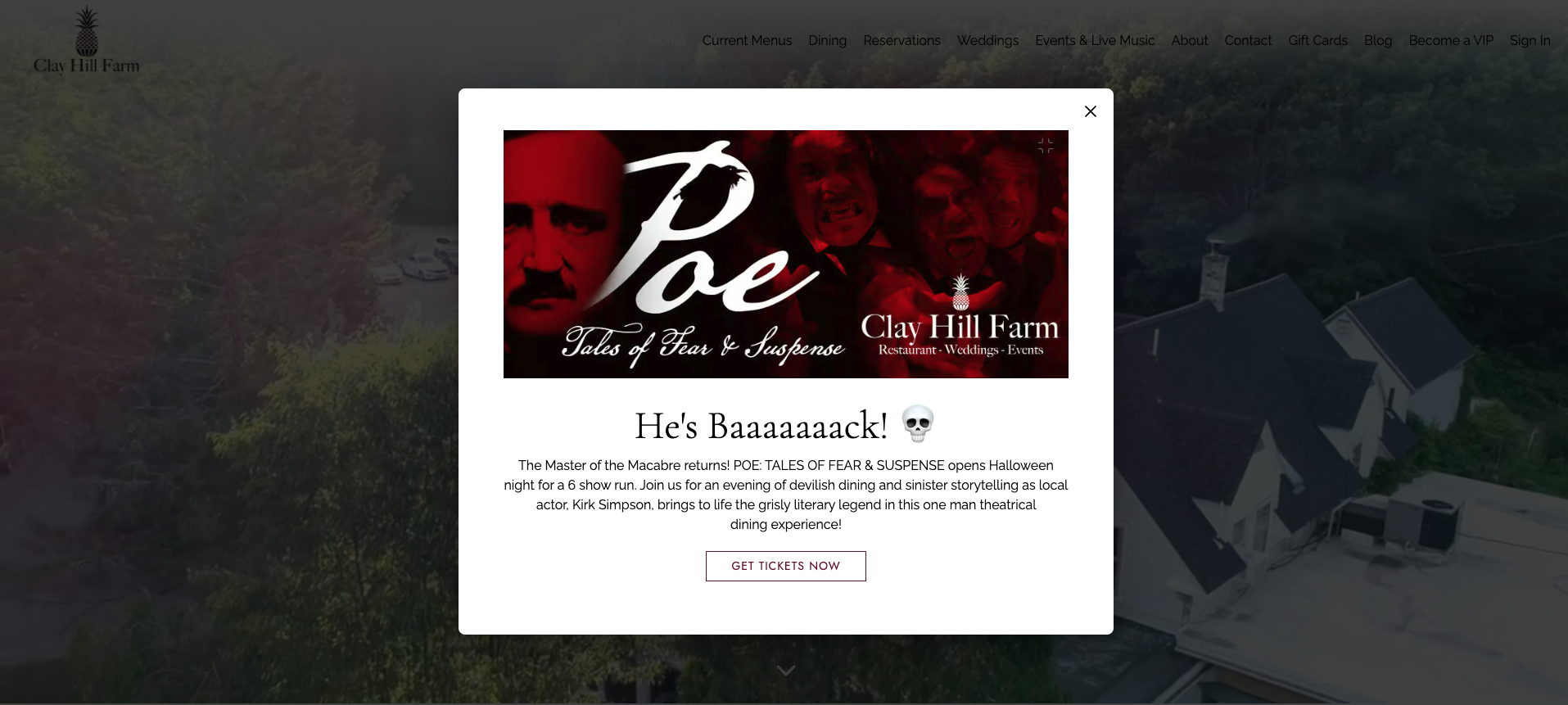 A pop-up restaurant promotion for a magician event at Clay Hill Farm Restaurant