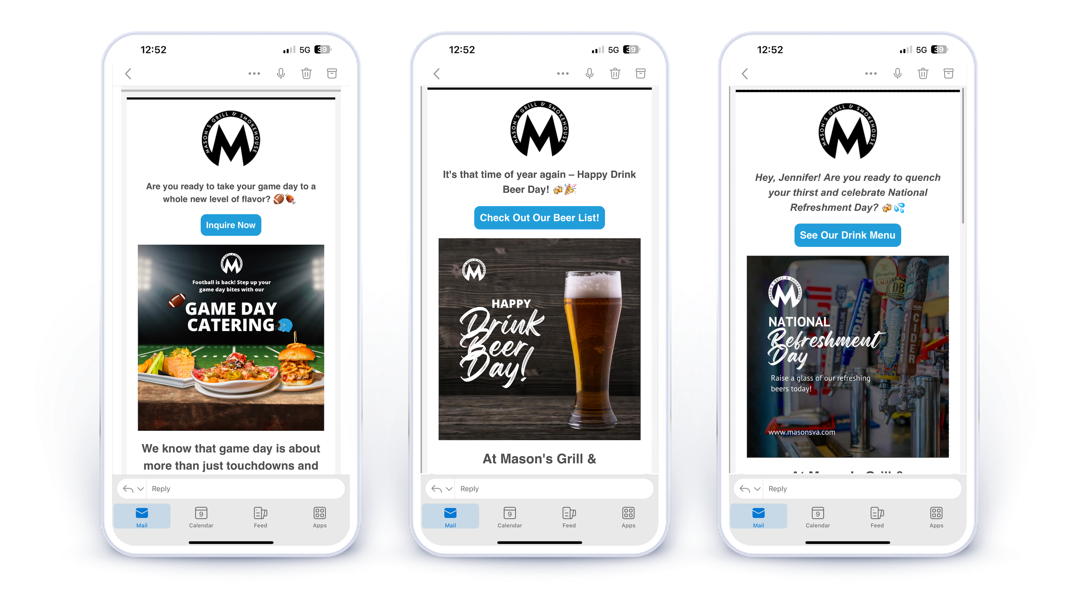 Three marketing emails promoting game day, drink beer day, and national refreshment day