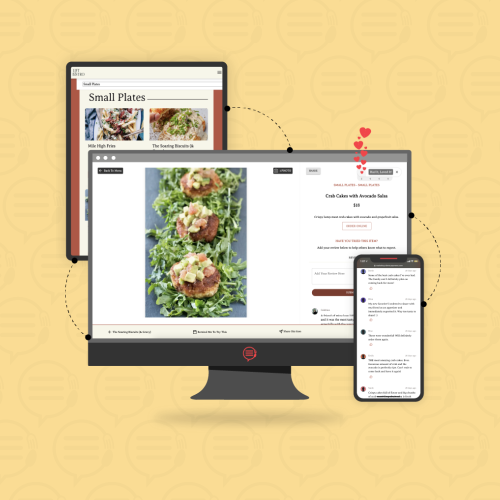 An adaptive restaurant website on a tablet, computer monitor, and a cell phone.