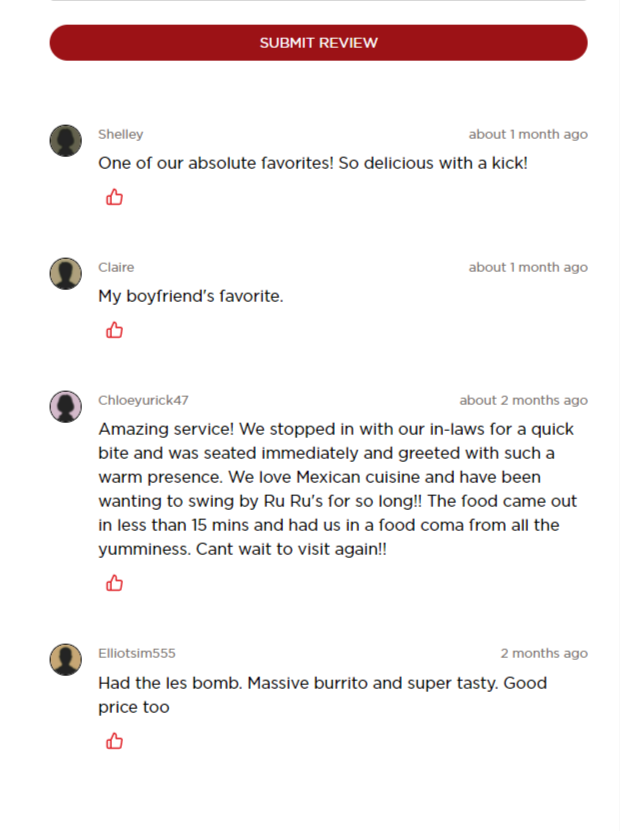 A list of positive reviews on a Mexican Restaurant's website.