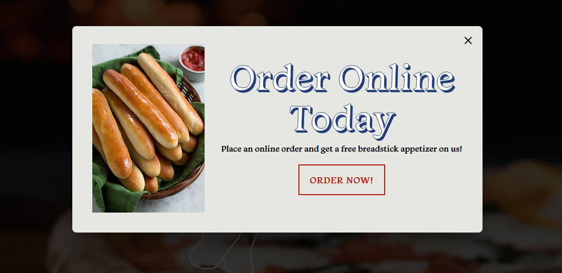 An offer for free breadsticks on a pizza website.