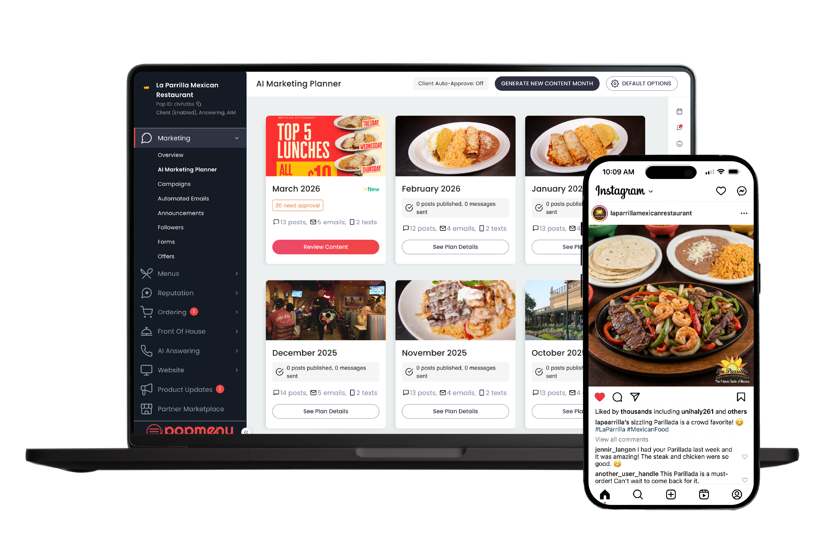 Laptop screen showing Popmenu loyalty program dashboard with program rules and rewards setup.