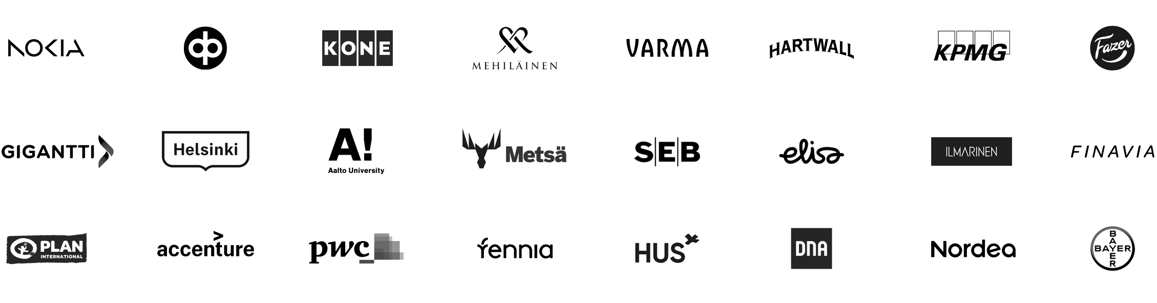 Logos of various companies including Nokia, OP, KONE, Mehiläinen, Varma, Hartwall, KPMG, Fazer, Gigantti, Helsinki, Metsä, SEB, Elisa, Ilmarinen, Finavia, Plan International, Accenture, PwC, Fennia, HUS, DNA, Nordea, and Bayer arranged in four rows.