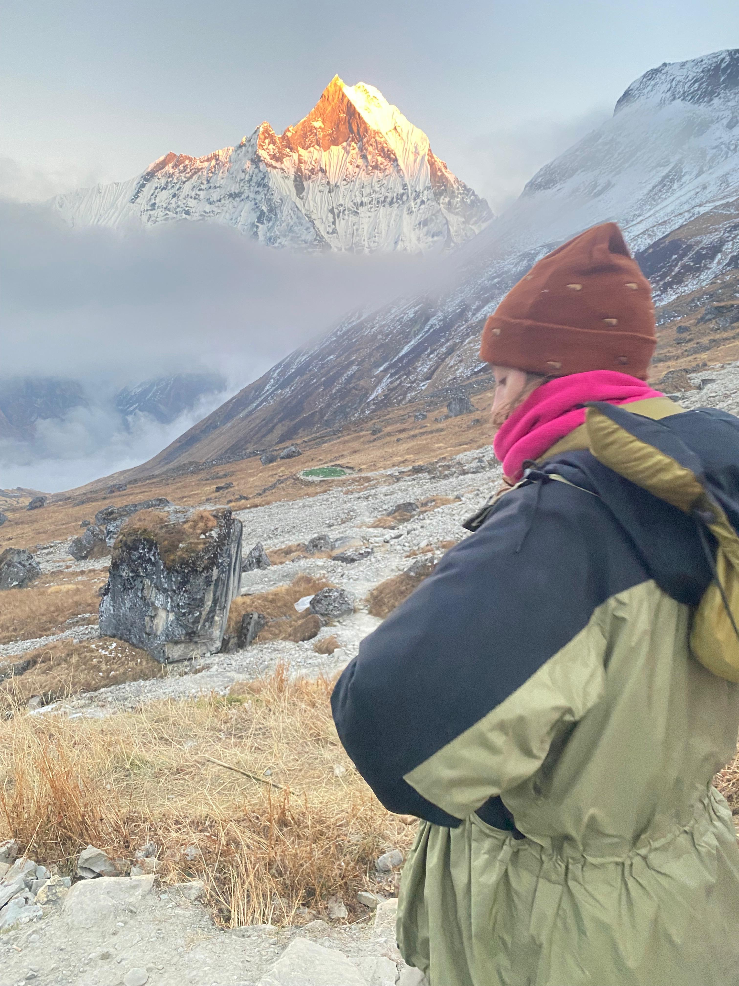 A woman, Jamie, looking at Mount Manaslu in Nepal.