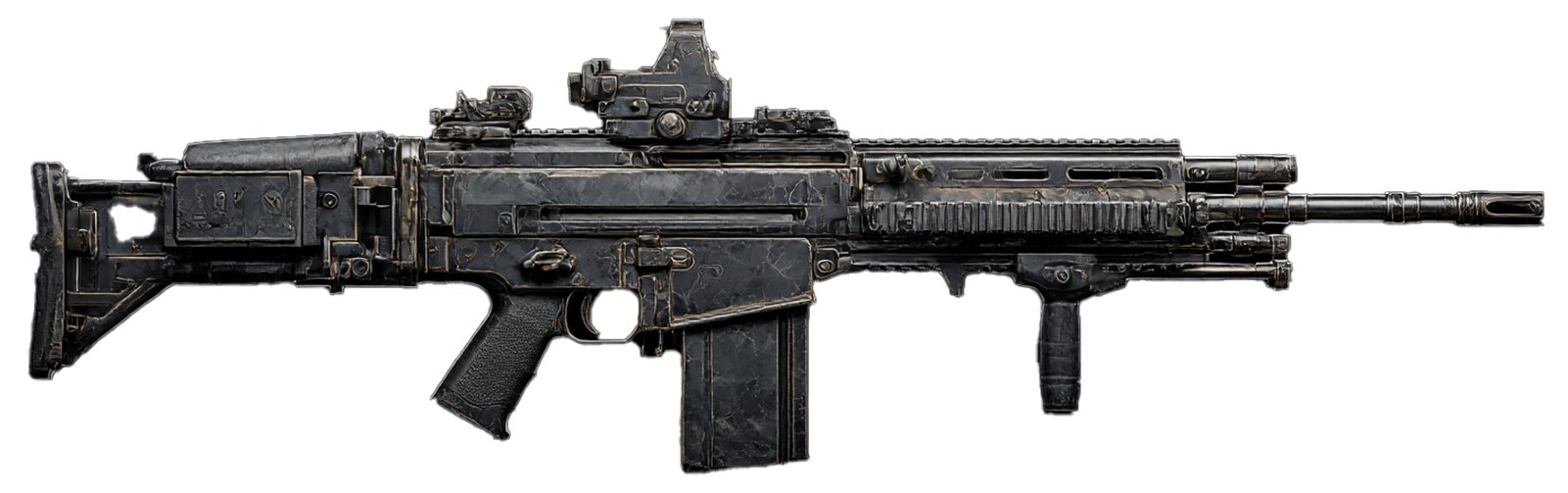 Ultra-realistic side profile view of an HK416 D14.5 for card game Tide of Steel