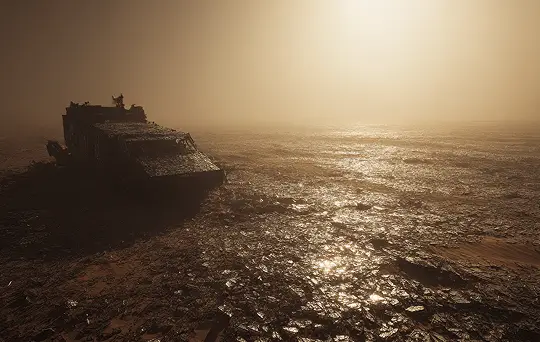 Ultra-realistic post-cataclysm desert, vast fields of molten glass dunes shimmering under harsh sunlight